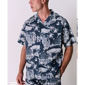 Desmond & Dempsey Cuban Shirt Hawaiian Shirt - Dinosaur Loxodonta Navy Medium